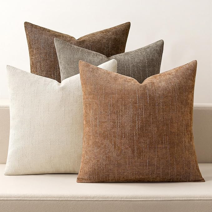 MIULEE Pack of 4 Fall Decorative Throw Pillow Covers 18x18 Inch Chenille Textured Throw Pillows Boho Farmhouse Cushion Covers Vintage Home Decor for Couch Sofa Bed Living Room，Beige Taupe Brown