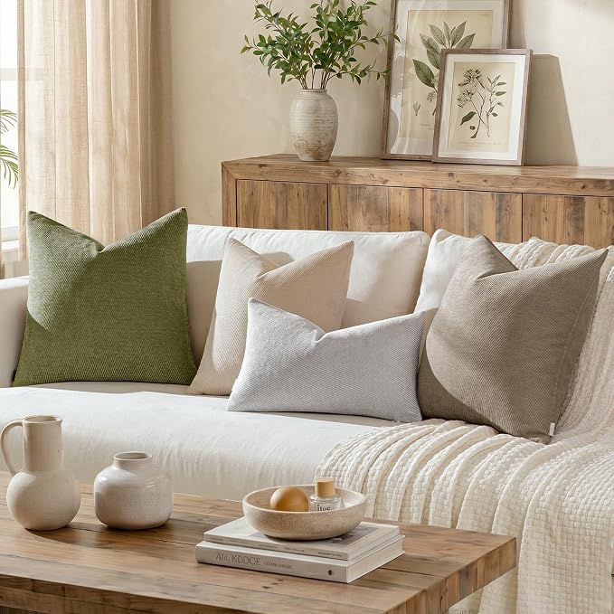 a moment Pack of 2 Decorative Chenille Throw Pillow Covers with Twill Cushion Covers for Sofa Living Room Couch Bed 16x16 Inch Moss Green