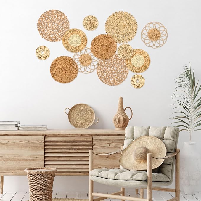 Glenmal 13 Pcs Boho Wall Basket Decor Set Woven Rattan Seagrass,Classic | Handmade Flat Baskets for Bedroom Living Room Office, Wicker Bamboo Seagrass Hanging Art, Farmhouse Gallery Ready to Hang