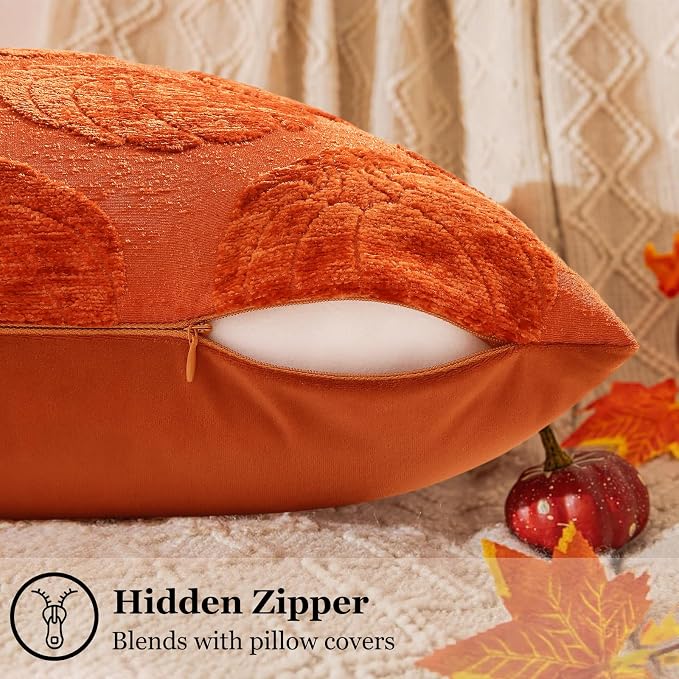 decorUhome Chenille Rust Pumpkin Soft Throw Pillow Covers 20x20 Set of 2 | Fall Decorative Jacquard Farmhouse Accent Modern Farmhouse Neutral Pillowcases for Bed Sofa Autumn Harvest Halloween Holiday