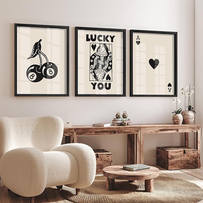 Heiple Framed Set of 3 Poker Wall Art Lucky You Poster, Trendy Retro Print Wall Decor for Queen of Hearts Wall Art Rustic Vintage Farmhouse Home Wall Decor（Black 12"x16"）