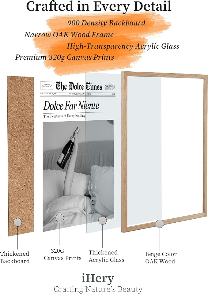 iHery Small 8x10in Dolce Far Niente Framed Newspaper Wall Art | Natural OAK Wood Frame with Canvas Print, The Sweetness of Doing Nothing Decor for Bedroom, Living Room and Dorm, 1Pack