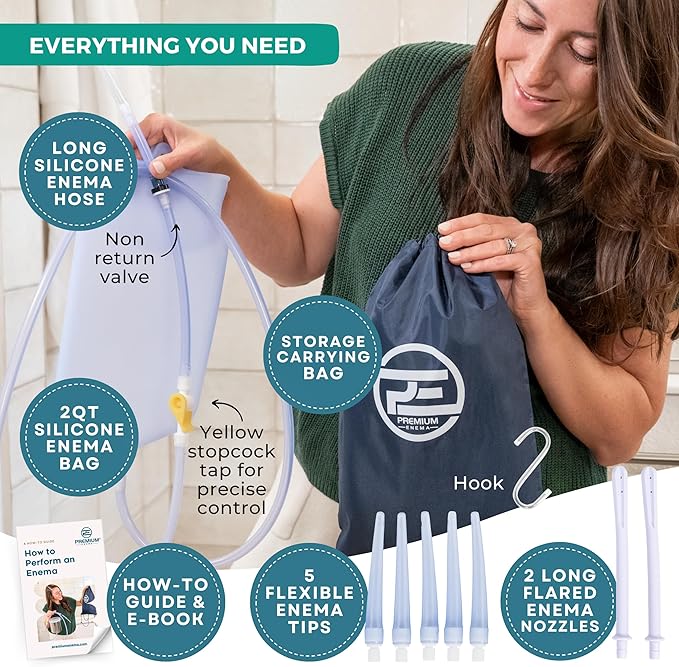 Premium Enema Kit 2 Quart Clear Silicone Bag for Enemas for Colon Cleanse for Women and Men - 6.75 Foot Hose, 7 Tips, Reusable Enema Kit