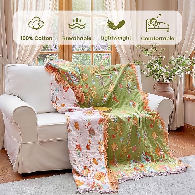 MSGKV Boho Throw Blanket 60"x80" Summer Cotton Butterfly Floral Blanket | Butterfly Floral Pattern, Muslin Throw, Reversible Woven, Lightweight Comfort, Farmhouse Decor, All Season, Machine Washable