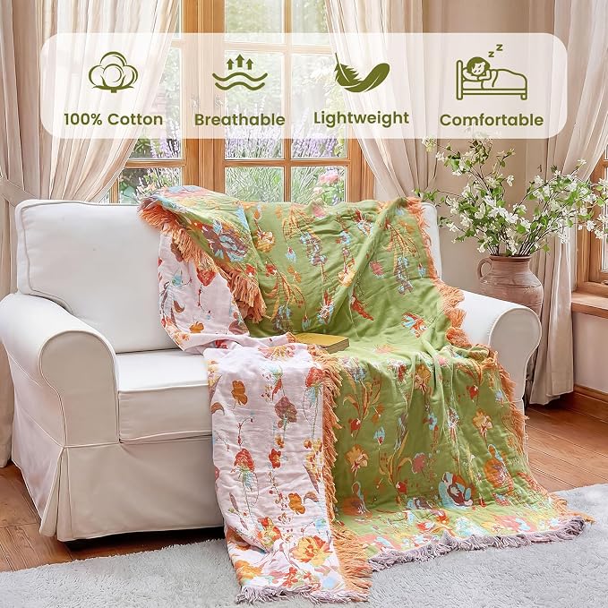 MSGKV Boho Throw Blanket 90"x108" 100% Cotton Flower Butterfly Blanket King | King Size Cotton Throw, Flower Butterfly Design, Reversible Woven, Summer Breathable, Farmhouse Home Decor, Machine Washable