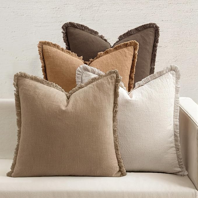 MIULEE Fall Linen Fringe Pillow Covers Set of 4 18x18 Neutral Brown | Boho Farmhouse Decorative Throw Pillow Covers, Neutral Soft Rustic Cushion Cases, for Couch Sofa Bed Living Room Home Decor
