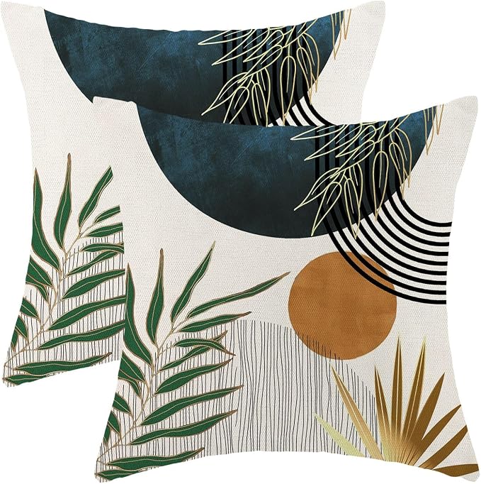 Boho Pillow Covers 18x18 Set of 2 Green Gold Navy Blue Throw Pillows Tropical Leaves Sunset Decor Modern Mid Century Pillowcase Outdoor Decorations Bohemian Linen Cushion Case for Couch Sofa