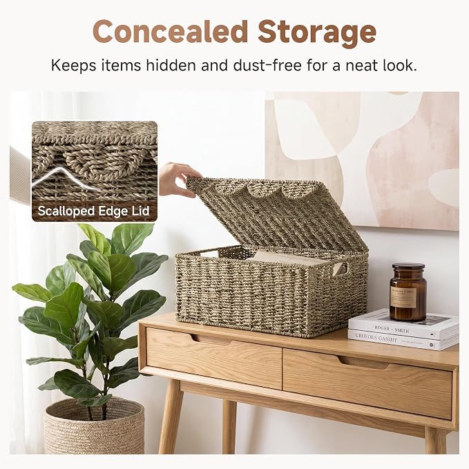 StorageWorks Scalloped Wicker Basket with Lid, Seagrass Storage Baskets | Rattan Storage Baskets with Scalloped Edge, Basket with Lid Decorative Storage, Woven Wicker Basket for Living Room, Bedroom