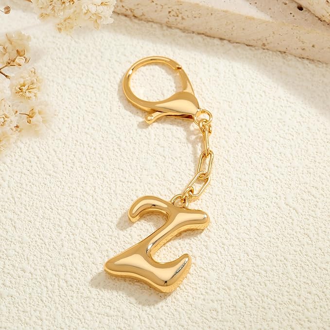 WOWORAMA Initial Letter Keychain for Women Chunky Gold Bubble Letter Bag Charm Purse Charm Personalized Keyrings Accessories