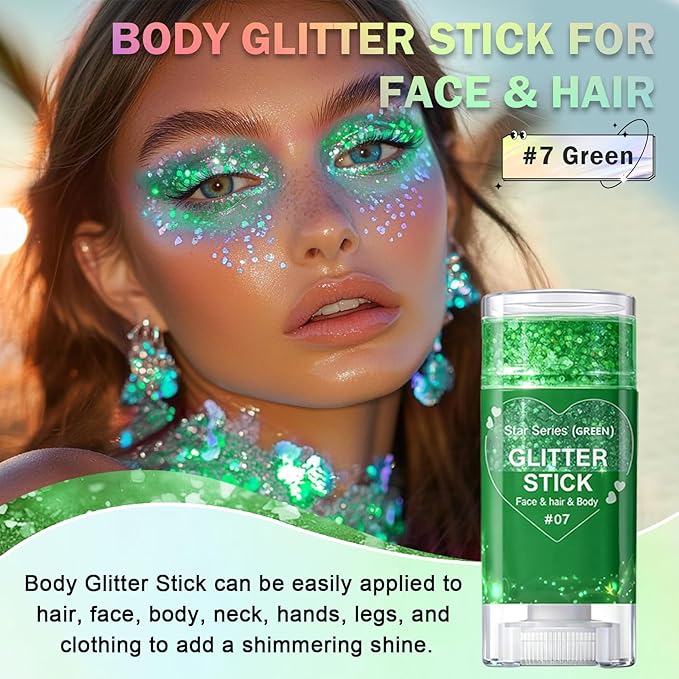 Green Body Glitter Stick, Face Body Glitter Gel Holographic Hair Glitter Halloween Chunky Sequin Waterproof Face Paint Stick Glitter Makeup for Kids and Women