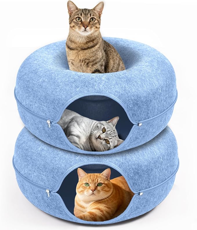 Cat Caves for Indoor Cats, Large Cat Tunnel for Multiple & Large Cats, Scratch Detachable Cave Bed, Kitten Donut Kitty Hideaway Up to 45 Lbs (Blue, Large, 2 Pack)