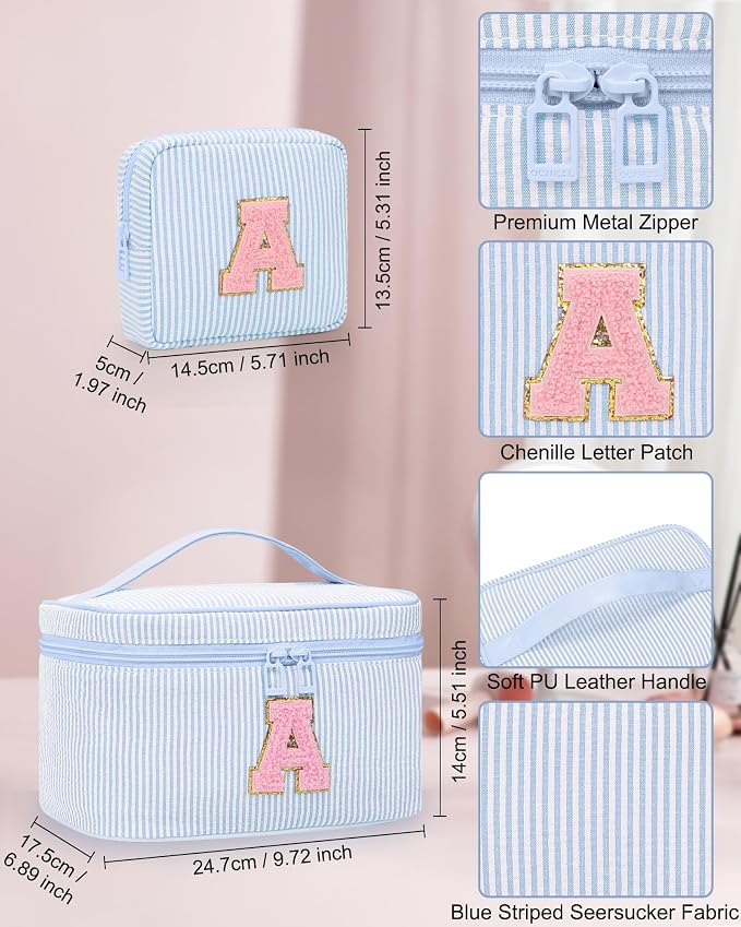 MONSTINA Initial Makeup Bag with Brush Holder and Divider,Birthday Gifts for 4 5 6 7 8 9 10 11 12 Year Old Girls, Personalized Preppy Cosmetic Bag |Cute Toiletry Bag,2PCS,Blue J