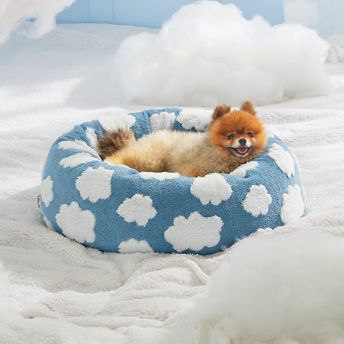 LE SURE Shown on TV Jacquard Donut Cute Small Dog Beds,Blue 23x23x7in | Orthopedic Calming Cat Sofa Indoor,Original Design Pattern,Washable Cover,Home Decor as Gift for Pet ,Anti Slip Bottom