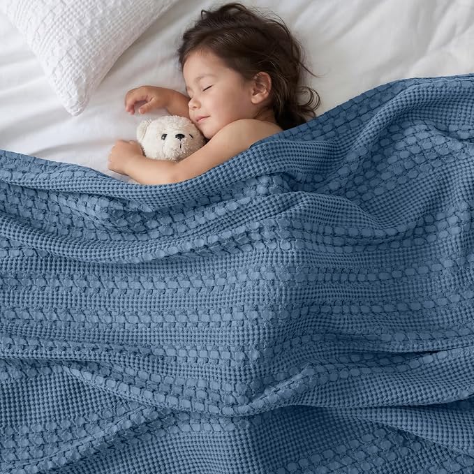 PHF 100% Cotton Waffle Blanket Twin Size, Lightweight Breathable Summer Blanket for Hot Sleepers, Pre-Washed Soft Layer for Bed, Dorm, Couch & Guest Room, Home Decor Gift, 66"x90", Denim Blue