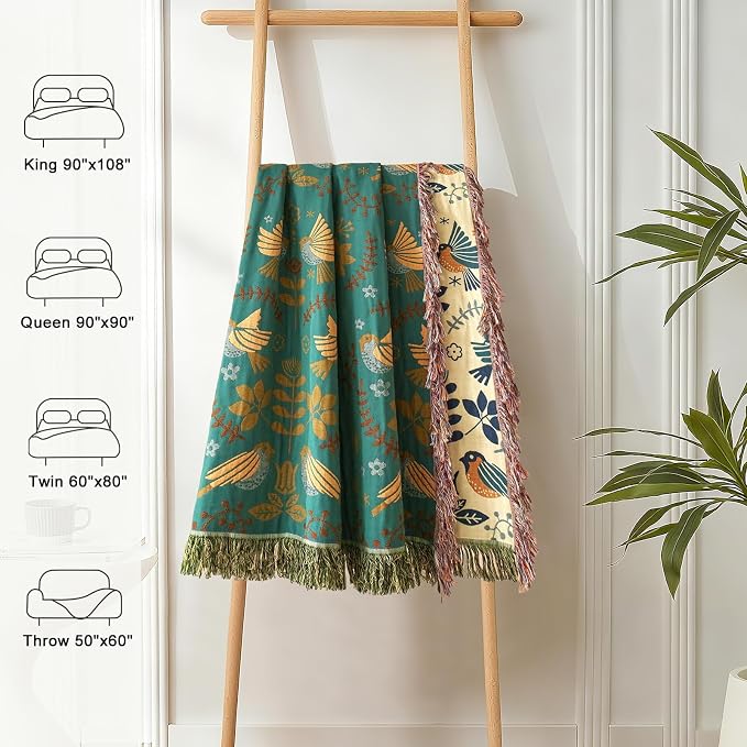 LUTBM Boho Throw Blanket for Couch 50"x60", 100% Cotton Soft Bed Blankets | Reversible Floral Birds Embroidery Throws, All-Season, For Chair Sofa Living Room Bedroom, Lightweight Breathable, Home Decor