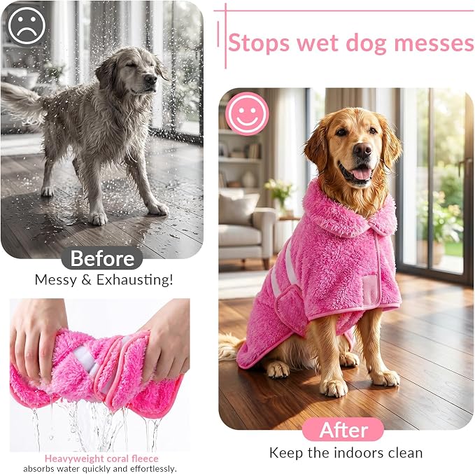 Dog Bathrobe, Super Absorbent for Small to Large Dogs, Rose Pink M | Dog Robes with Soft Fleece, Warm & Cozy, Adjustable Fit, and Quick Drying Coat for Baths Swimming and Grooming