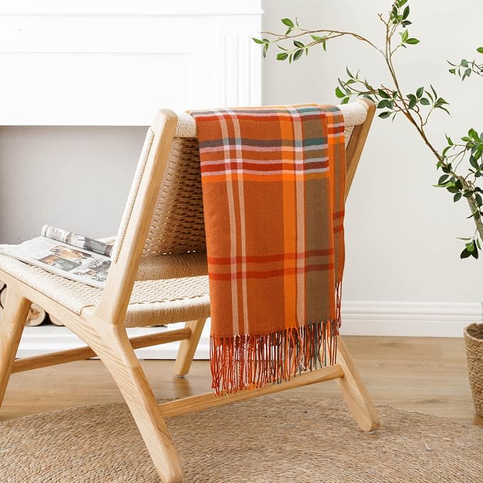 Orange Plaid Throw Blanket for Couch, Fall Throw Blanket 50"x60" Fall Decor | Lightweight Buffalo Plaid Blanket Throw, Soft Woven Throws with Tassels, Checkered Blanket for Bed, Sofa, Autumn, Home Decor