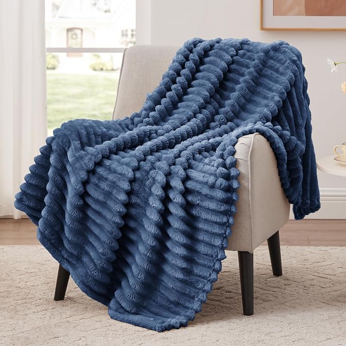 EXQ Home Fleece Blanket Twin Size for Couch or Bed - 3D Stripe Jacquard Decorative Blankets - Cozy Soft Lightweight Fuzzy Flannel Blanket Suitable for All Seasons(60"×80",Dark Blue)