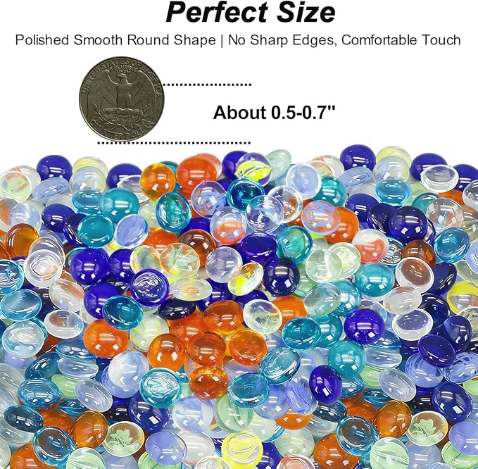Decorative Glass Pebbles Flat Bottom Beads for Vase, Aquarium & Fish Tank | Mixed Color Glass Stones Vase Filler for Planter, Crafts, Home Art Decor (Mixed, 1 Pound)