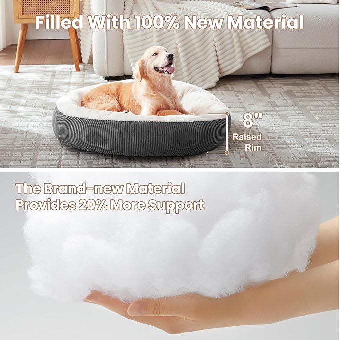 36 inches Calming Donut Dog Bed for Large Dogs,Dark Grey | Round Pet Bed with Removable&Washable Cover,Plush Faux Fur & Corduroy, Fits Pets up to 80 lbs