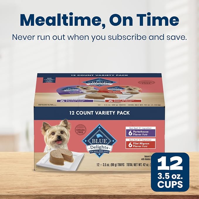 Blue Buffalo Delights Variety Pack Small Breed Wet Dog Food, 3.5 oz, 12 ct | Filet Mignon & Porterhouse (6 of Each), Adult Formula, Grain-Free, Pate Style, No Corn, Wheat, or Soy