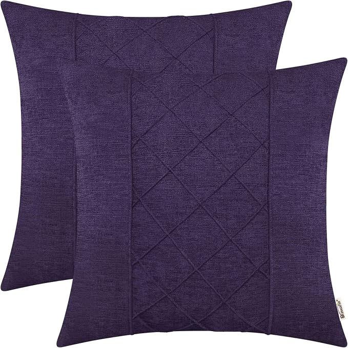 BRAWARM Chenille Throw Pillow Covers 16x16 Inches, Purple, 2 Pack | Decorative Pleated Pillow Covers, Soft Cushion Cases for Sofa Bed Living Room Home Farmhouse (No Insert)