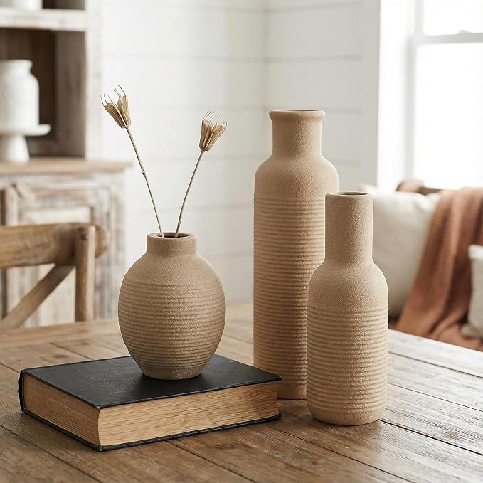 Rustic Farmhouse Vase Set of 3 - Ceramic Decorative Vintage Vases Home Decor - Pampas Grass Dried Fresh Flowers - for Centerpiece, Coffee Table, Mantel Entryway, Living Room, Bedroom (Retro 2)