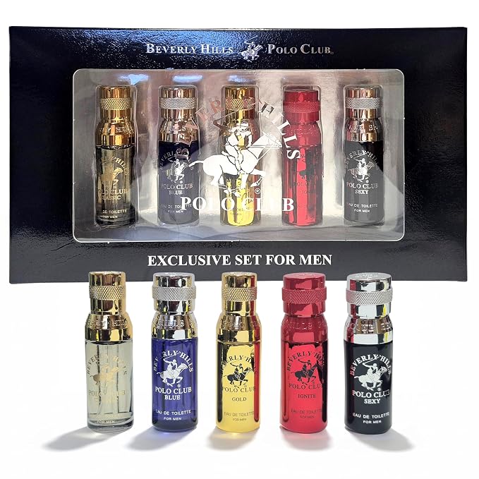 Beverly Hills Polo Club 5 Piece Mini Gift Set Exclusive for Men, EDT Eau De Toilette 5 Mini 0.5oz Bottles