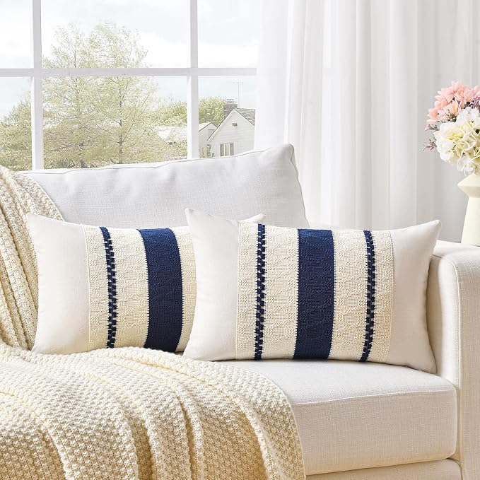 Fancy Homi Set of 2 Navy Blue Lumbar Decorative Throw Pillow Covers 16x24 Inch for Couch Bed Sofa Living Room, Aesthetic Modern Organic Farmhouse Home Decor, Soft Cotton Woven Textured Cushion Case