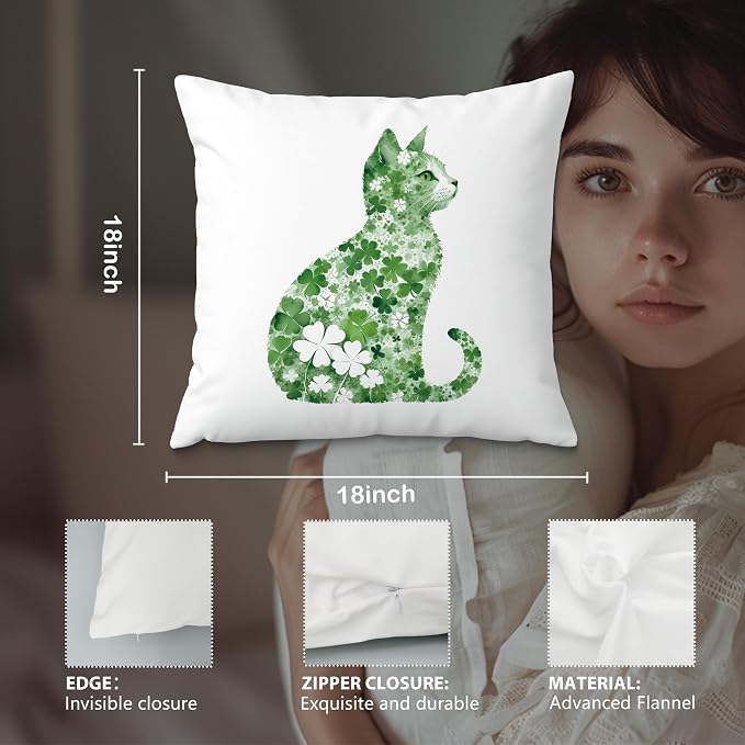 St Patrick's Day Cat Pillow Covers, 18x18, Four Leaf Clover, Lucky Shamrock, St Patrick's Day Decorations for Sofa, Bed, Living Room