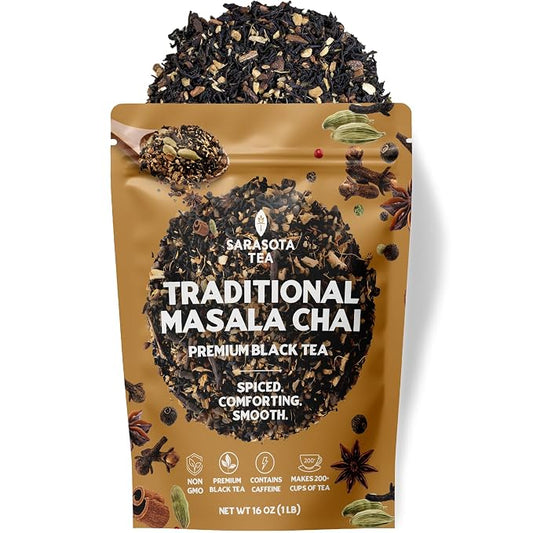 Authentic Masala Chai Loose Leaf Tea | Traditional Indian Spiced Black Tea | Bold Gourmet Blend with Cinnamon, Cardamom, Ginger & Clove | 1lb Bulk Bag | Caffeinated | Non-GMO