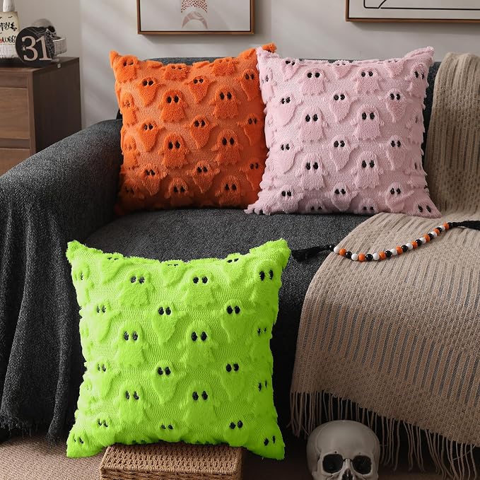 DFXSZ Halloween Pillow Covers 16x16 inch 2Pcs Green Ghost Halloween Decor | Halloween Decorations Set of 2 Throw Pillow Cases Plush Faux Fur Wool Cushion for Chair Sofa Bedroom Living Room Home Decor