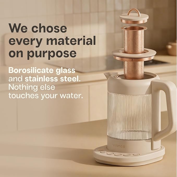 Viante Nina Electric Tea Kettle with Infuser, No Plastic In Contact With Water, 1.5L Borosilicate Glass, 304 Stainless Steel, 4 Temp Presets, Keep Warm, Cordless, Auto Shut-Off, Beige