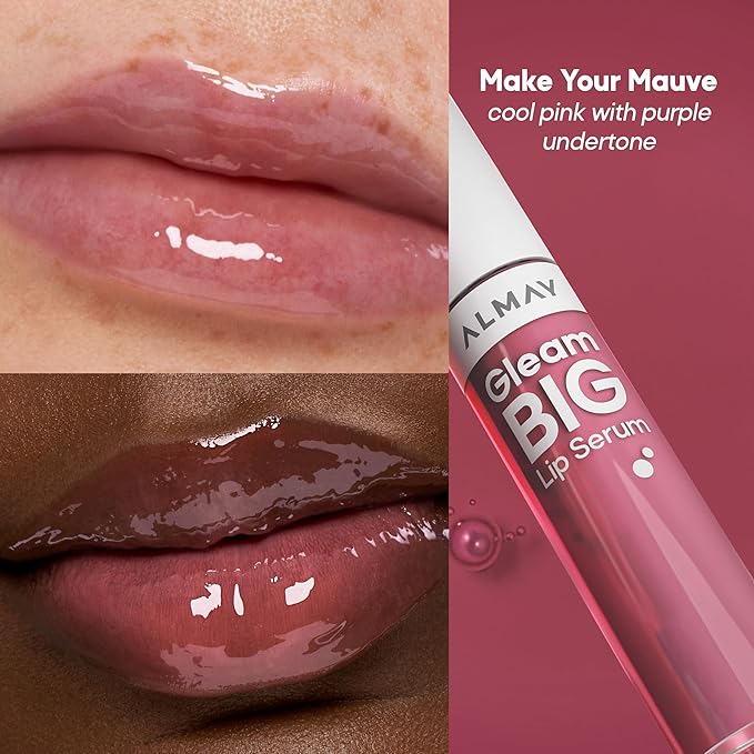 Almay Gleam Big Lip Serum, Hydrating and Moisturizing, Hypoallergenic Lip Gloss, Non-Sticky, 300 Make Your Mauve, 0.13 fl oz