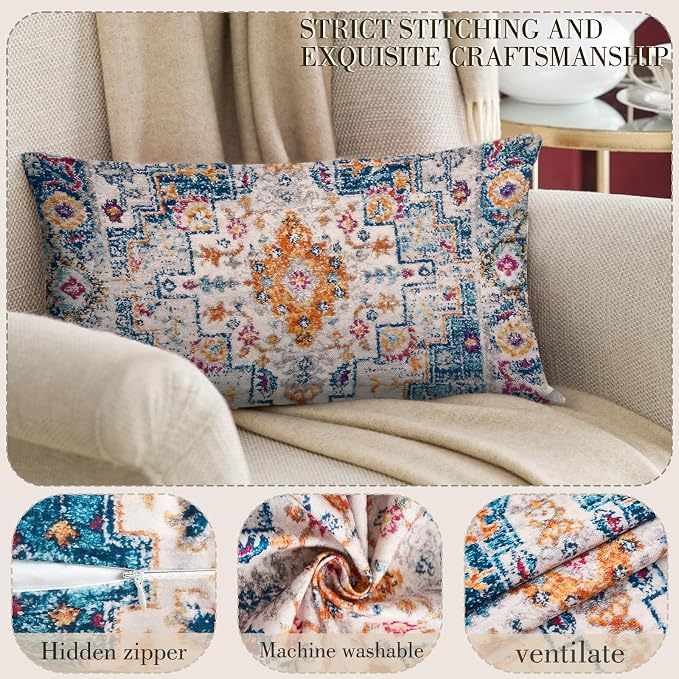 Boho Throw Pillow Covers 12x20 inch Set of 2,Boho Vintage Carpet Pattern Antique Ethnic Decor Double Sided Pattern Cushion Cover Soft Pillow Case Living Sofa Room Bed Square Pillow Cover