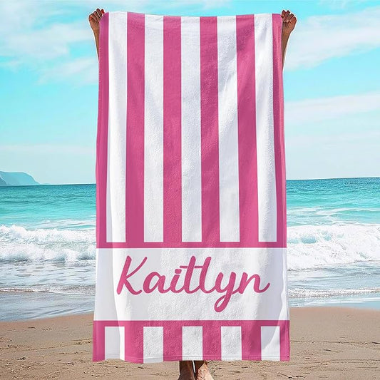 JML Personalized Beach Towel with Name, Custom Cabana Stripe Beach Towel, Customized Microfiber Pool Towel, Quick Dry & Absorbent Swim Towel for Adult,Anniversary, Birthday, Summer Holiday,Vacation