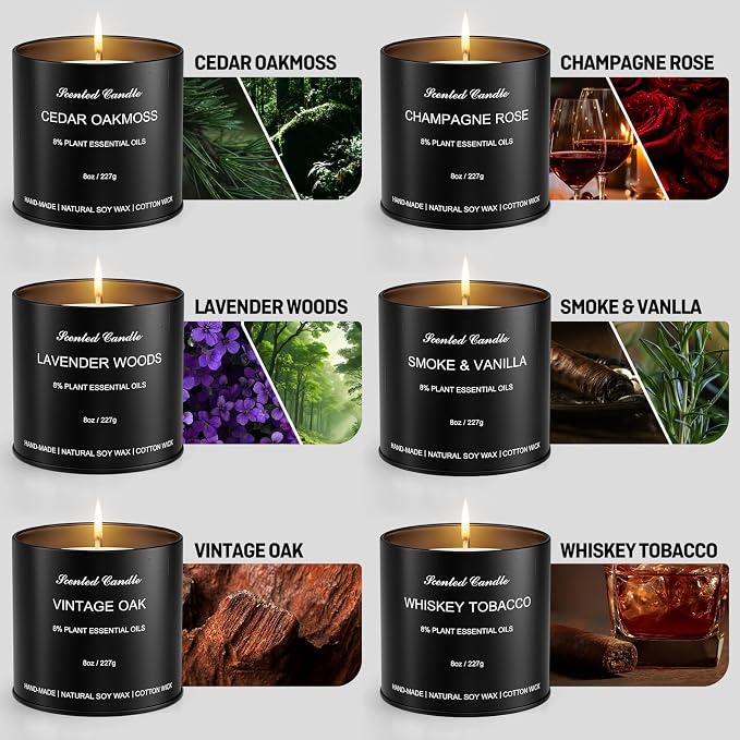 Luxury Scented Candles for Men Gift Set - 6 Pack x 8oz Natural Soy Wax Candles, Masculine Aromatherapy Candles with Essential Oils, Long Lasting Strong Scented Candles for Home, Father's Gifts