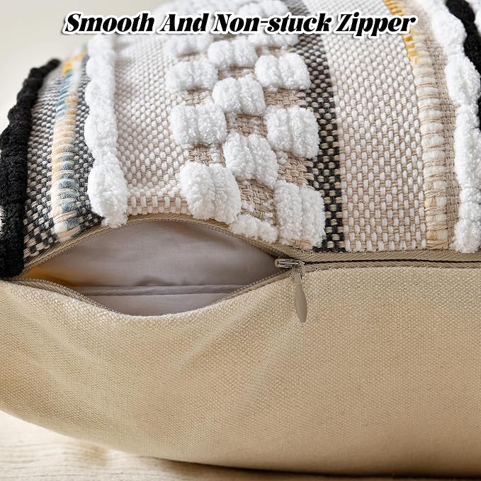 Chenille Striped Textured Boho Throw Pillow Covers Aesthetic with Tassels Woven Decorative Pillow Case for Couch Bed Sofa Bedroom Modern Funky 18 x 18-Inch Black