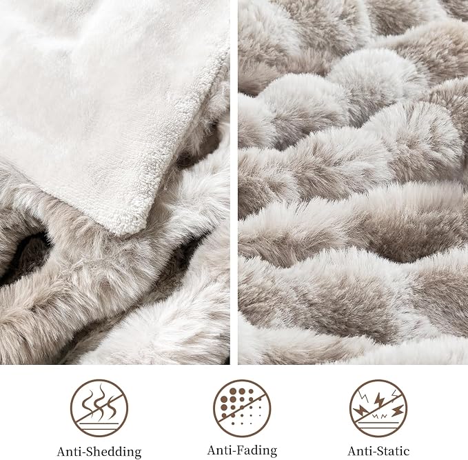 Faux Rabbit Fur Throw Blanket for Couch Gifts for Mom 50"x60" Tie-dye Khaki | Cozy Reversible Fluffy Throw, Luxury Plush Thick Bubble Blanket, Mothers Gifts for Women, Soft Warm for Bed, Home Decor
