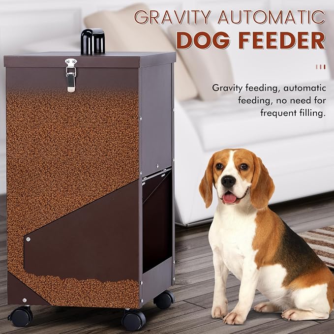 Automatic Dog Feeder Large Breed 45lb Outdoor Dog Food Dispenser for Large Dogs Self Feeding Galvanized Metal Dogs Pets Feeder Gravity Food Feed with Wheels (Brown)