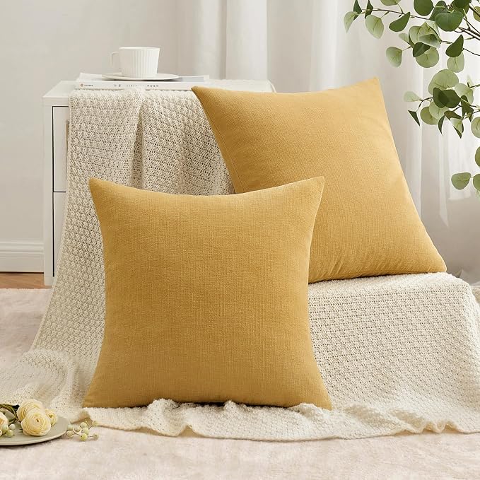 MIULEE Gold Chenille Couch Throw Pillow Covers, 18x18 | Set of 2, Soft Farmhouse Modern Home Decor, Decorative Pillowcases for Sofa Living Room Bed