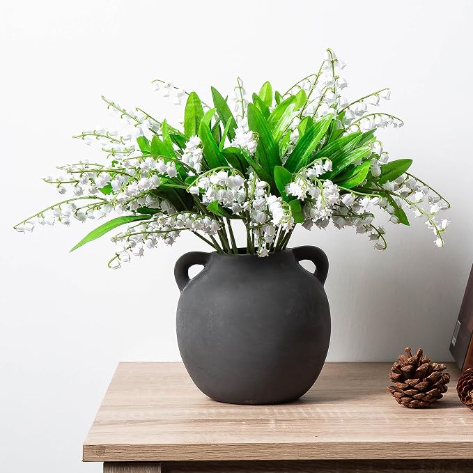 Black Vase Home Decor - 6in Ceramic Vase for Flowers - Small Round Vases for Decor - Farmhouse Vases for Pampas Grass, Decorative Vase for Bouquet, Lyeec Clay Pottery Rustic Terracotta Vase