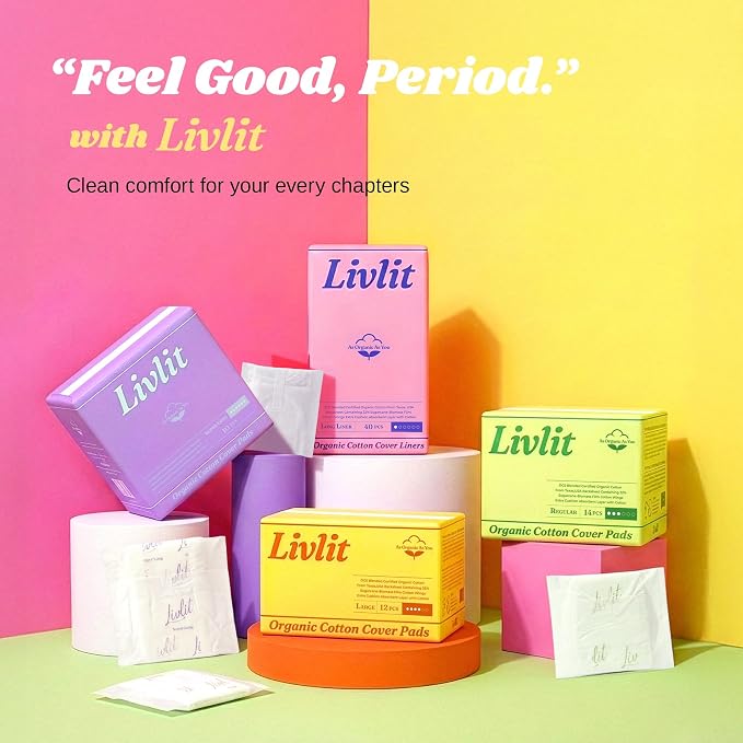 Livlit Large Size Ultra Thin Sanitary Pads, 100% Organic Cotton from Texas, Powerful Leak Protection, Unscented, Chlorine Free and Absorbency of Feminine Periods, Pads for Women (12 Count)