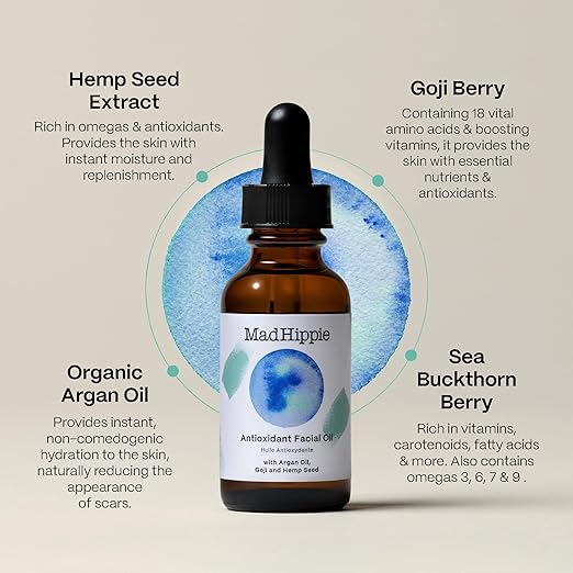 Mad Hippie Antioxidant Facial Oil - Face Oil for Women/Men with Organic Argan Oil, Non-Comedogenic Moisturizer for Face with Natural Sources of Vitamin C & Vitamin E Oil for Skin Care, 1.02 Oz