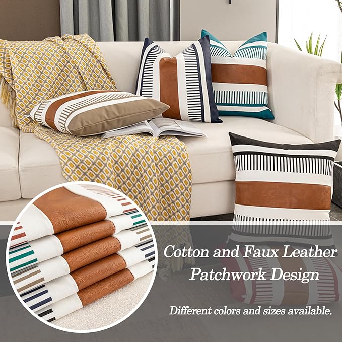 Pack of 2 Farmhouse Decorative Throw Pillow Covers for Couch Sofa Faux Leather and Cotton Patchwork Pillow Cover Boho Stripe Accent Cushion Cover 18 x 18 Inch, Navy Blue