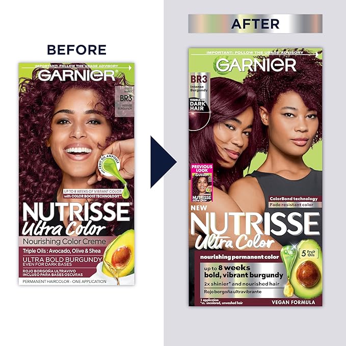 Garnier Hair Color Nutrisse Ultra Color Nourishing Creme, BR3 Intense Burgundy (Lotus Berry) Red Permanent Hair Dye, 1 Count (Packaging May Vary) (Pack of 2)