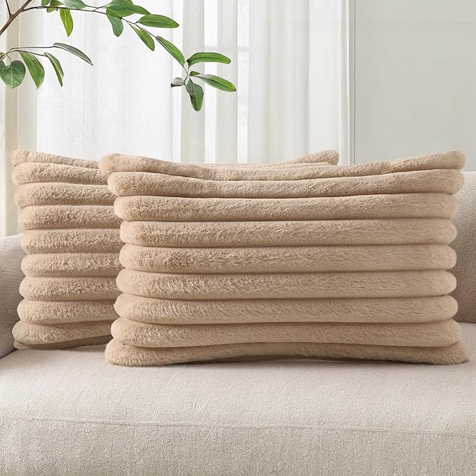 Pallene Faux Fur Decorative Throw Pillow Covers 12x20 Set of 2, Khaki | Luxury Plush Texture, Striped Design, Cozy Soft Touch, Modern Home Accent Decor for Couch, Sofa, Bed, Living Room