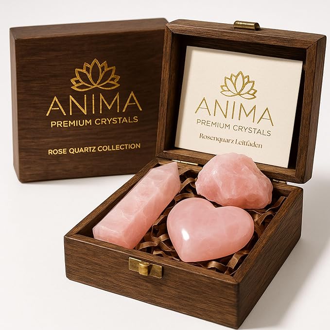 Anima Premium Rose Quartz Crystal Set for Love, Healing & Harmony – Authentic Madagascar Rose Quartz Heart Stone, Tower & Raw Crystal Presented in Elegant Wooden Gift Box – Responsibly Sourced