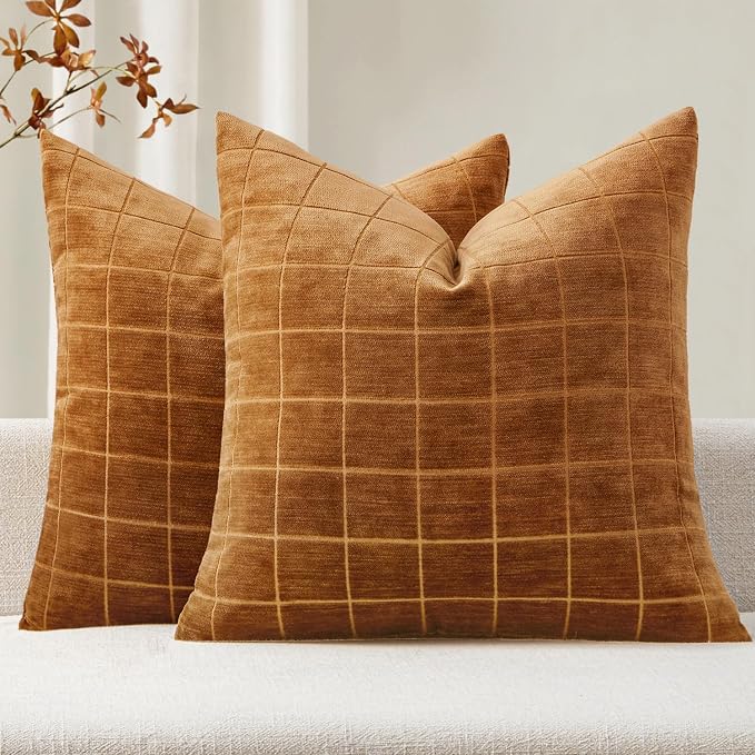 MIULEE Bronze Plaid Decorative Fall Throw Pillow Covers 20x20 Set of 2 | Vintage, Check Chenille Couch Pillows, Boho Farmhouse Cushion Covers, Modern Home Decor for Sofa Bed Living Room