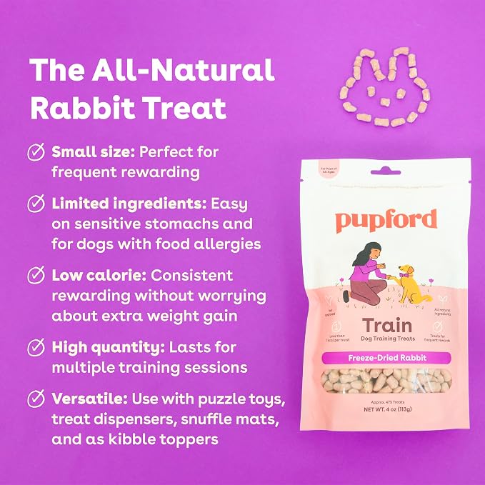 Pupford Freeze Dried Dog & Puppy Training Treats (Rabbit, 4 oz, 3 Pack) | 1400+ treats, Ultra low-calorie, Only 2 ingredients, All breed sizes, Mess free and bite sized, Trainer recommended